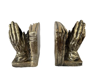 Praying Hands Bookends Gold Tone Color Mid Century Modern Vintage Felt Bottom - Picture 1 of 13