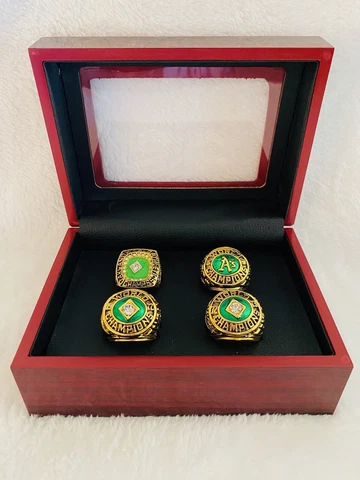 4 PCS Oakland Athletics World Series Ring Complete Set W Box, US SHIP 1972-1989 Cover