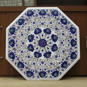 30" Antique White Marble Center Coffee Table Lapis Stone Floral Inlay Art Decors - Picture 1 of 9