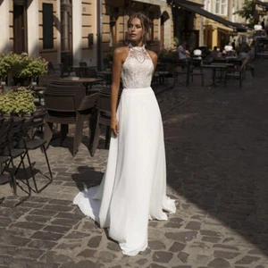 Customized Halterneck A-line Wedding Dresses Backless Lace Chiffon Bridal Gown - Picture 1 of 13