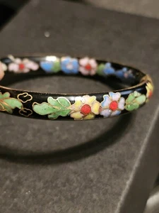 Bracciale Braccialetto Smalto Floreale Cloisonne con Fibbia Nero - Foto 1 di 3