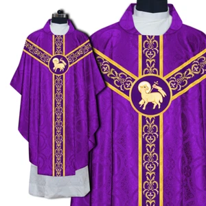 Embroidery Violet Gothic Chasuble Vestment with Lamb Motif - Picture 1 of 2