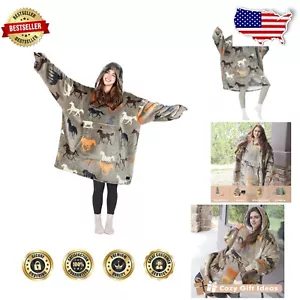 Felpa con cappuccio leggera coperta indossabile in pile sherpa: taglia unica con disegno cavallo - Foto 1 di 9