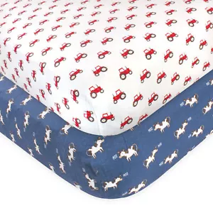 Hudson Baby Infant Boy Cotton Fitted Crib Sheet, Tractor and Cow, One Size - Picture 1 of 3