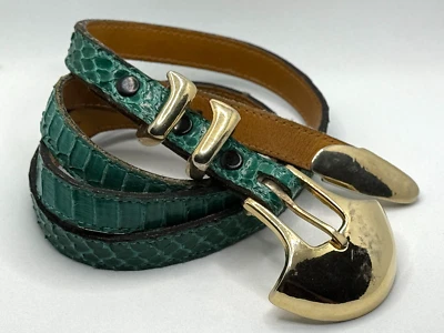 Apple Acc. vintage Cinturón de cuero de piel de serpiente verde de Nueva York hebilla dorada mediano Foto 1 de 4