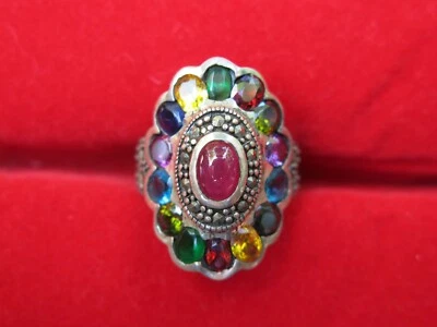 Anillo Piedras Multicolor con Rubí y Marcasita - Navaratna Plata de Ley 925 Foto 1 de 4