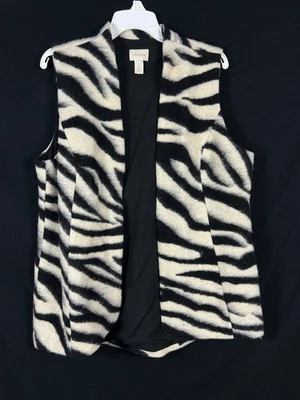 Chico’s Size 2 Large Vest Wool Blend Black White Zebra  Fuzzy Print Open front - Image 1 of 4