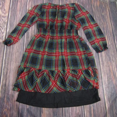J.Crew Dress Womens Large Red Green Plaid Long Sleeve Smocked Ruffle Lined AG396 - Image 1 of 4