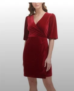 Donna Karan NWT Cranberry Red Velvet Faux Wrap Party Dress 16 - Picture 1 of 16