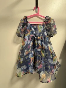 Care Bears Organza Puff Sleeve Dress Girls Size 10/12 Navy Blue AOP - Picture 1 of 8