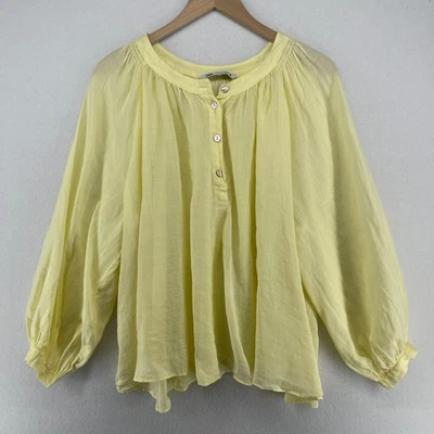 Blusa ZARA Top Mujer L Popover Calada Manga Globo Algodón Ramio Amarillo Foto 1 de 4
