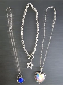 Lot Of 3 Polished Silver Tone Pendant Necklaces Choker AB Heart Star Blue Stone - Picture 1 of 8