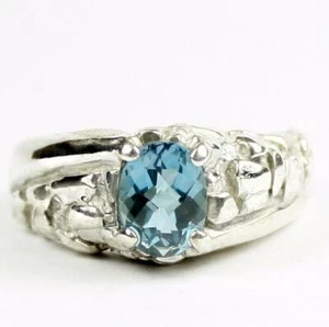 925 Sterling Silver Men's Nugget Ring, Swiss Blue Topaz, SR368 - Picture 1 of 5