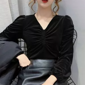 Women Velvet Blouse Pullover Shirt V-neck Long Sleeve Pleated Casual Top - Picture 1 of 9