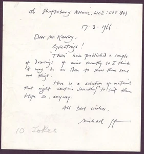 Michael folkes, Cartoonist. Brief 1966 an seinen Agenten. Locher, Privatauge etc. - Bild 1 von 2