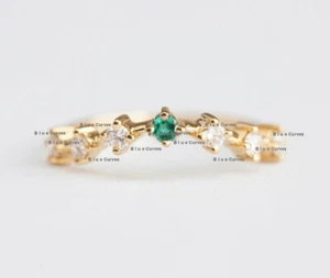 Emerald & Diamond Curve Stack Ring Solid 14k Yellow Gold Women Xmas Fine Jewelry - Foto 1 di 2