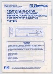 Emerson Video Cassette Player VCR VCPR205 Owner's Manual, English/Spanish - Picture 1 of 1