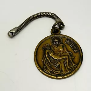 Antique Catholic St Christopher Protect Us Pieta Brass Medal - Picture 1 of 9
