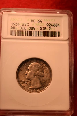1934 WASHINGTON QUARTER DOUBLE DIE OBVERSE ANACS CERTIFIED MS--64!  #34 - Image 1 of 4