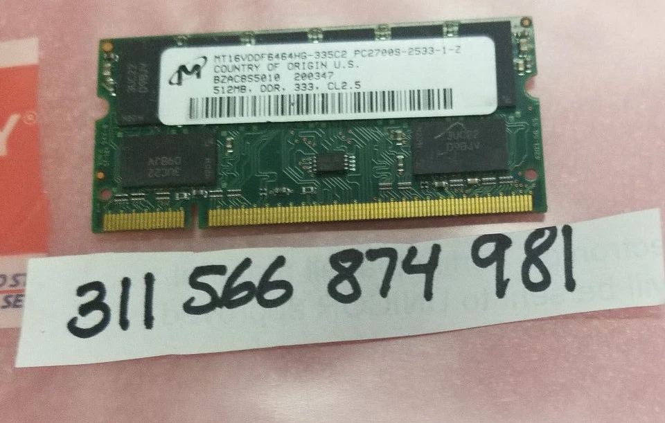 512MB DDR DDR1 PC PC2700 DDR-333 2700 333 200PIN NON-ECC LOW DENSITY INTEL CL2.5 - Image 1 of 1