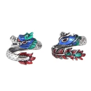 Hot Real Solid 925 Sterling Silver Band Men Women Carved Enamel Dragon Open Ring - Picture 1 of 9