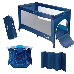 Baby Travel Cot + 10x Disposable Potty TRON Wheeled Navy Blue Safe Toddler Bed - Picture 1 of 13