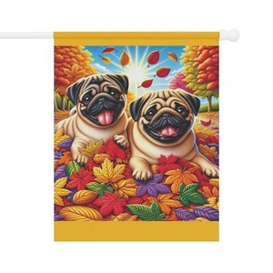 Autumn/Fall - Garden & House Banner - Pugs playing in the Leaves - Picture 1 of 9