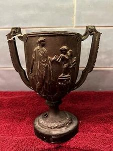 Antique Bronze Cup Ceremonial Chalice Putties Greek Figures Tarnish 9”x7”x 3 3/4 - Picture 1 of 13