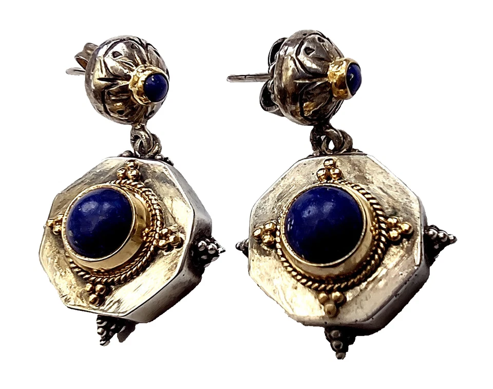 orecchini  Grecia 1960  in argento sterling 925 con lapislazzuli e oro - vintage - Immagine 1 di 3