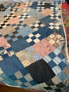 UNIQUE 100+YR OLD HANDMADE  QUILT PIECE 76x64 tied  BLOCKs Welloved showing it - Picture 1 of 10