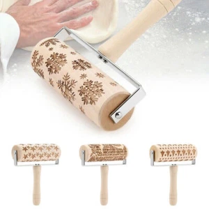 Wooden Embossing Rolling Pin Baking Cookies Cake Christmas Roller DIY Tool Decor - Picture 1 of 18