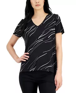 Alfani Women's Printed V-Neck T-Shirt Black Linear Breeze SZ XXL - Picture 1 of 3