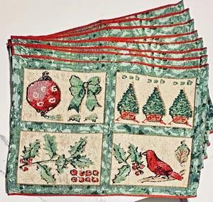 x8 Holiday Tapestry Placemats Holly Cardinal Wreath Christmas Trees Vintage EUC - Picture 1 of 2