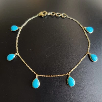 4.86 Ct Natural Turquoise Bracelet 14K Yellow Gold Chain December Birthstone - Image 1 of 4