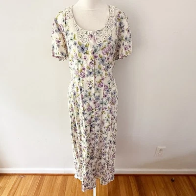 Vintage Women Lace Collar Floral Maxi Dress Cottagecore Grannycore Modest Casual - Image 1 of 4