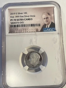 2019 S 10c Roosevelt Proof FIRST Silver Dime NGC PF70 UCAM FDR Portrait Holder - Picture 1 of 4