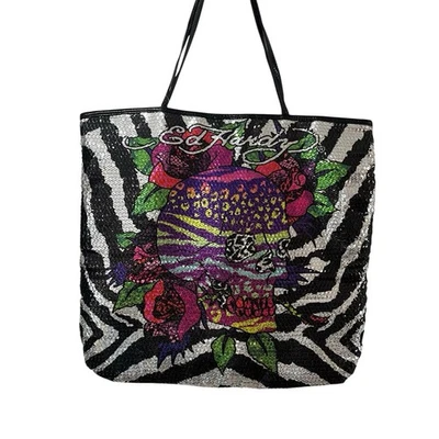 NUEVO Bolso de Mano Ed Hardy Lentejuelas Calavera Rosas Y2K Vibraciones Fondo Animal Arco Iris Foto 1 de 4
