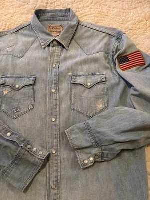 Ralph Lauren Polo Denim Patchwork Aztec Sportsman Embroidered Western Shirt XL - Image 1 of 4