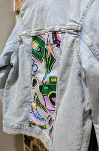 There Abouts Girl's Custom Denim Jacket 80's Retro Theme Hand Painted Neon Glows - Picture 1 of 10
