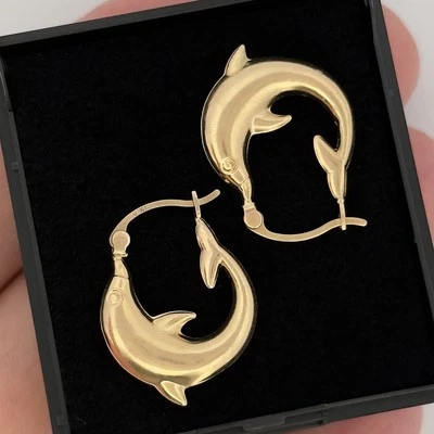 9ct Yellow Gold Dolphin Hoop Creole Earrings - Image 1 of 4