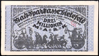 BIELEFELD 1923 Wild Silhouettes! 3 Million Mark Inflation Notgeld Germany - Image 1 of 2