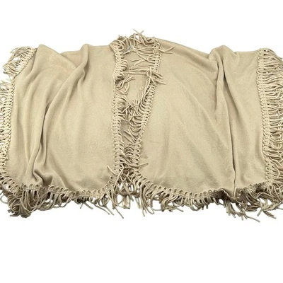 Poncho Coldwater Creek Beige Tejido Mantón Envolvente Flecos Boho Ropa Occidental Foto 1 de 4
