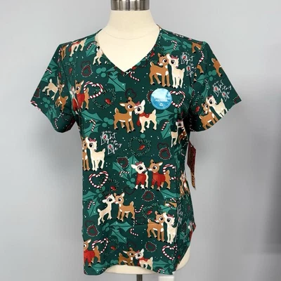 NWT Cherokee Tooniforms Scrub Top M Green Rudolph Reindeer Christmas Scrubs - Image 1 of 4