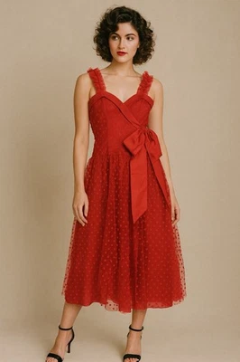 VESTIDO DE FIESTA ROJO VINTAGE AÑOS 80 tul lunares midi tafetán vacaciones formal XS Foto 1 de 4