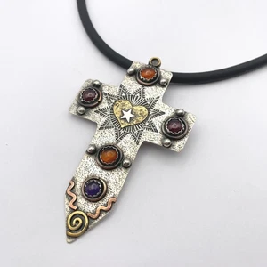 Large Native Sterling Silver Gemstone Cross Pendant Necklace Brooch Unisex - Picture 1 of 10