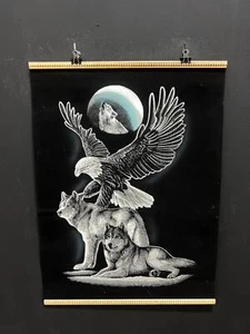 Hand-Painted Black Velvet Artwork, Majestic Embrace Wolf and Eagle Velvet Art w - Picture 1 of 10