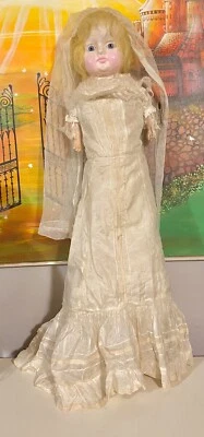 Grande Antica Bambola Sposa1800 circa Paper Head Over Wax Tutta  Originale Doll - Immagine 1 di 4