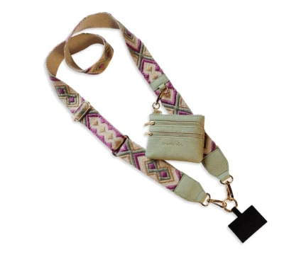 NEW SAVE THE GIRLS GREEN PINK CREAM WITH POUCH CLIP & GO CELL PHONE STRAP - Image 1 of 4