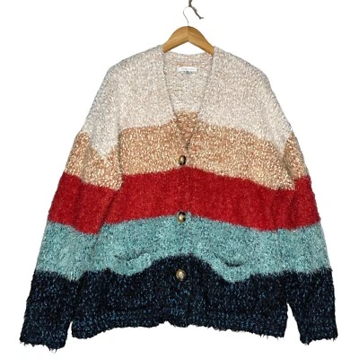 Fuzzy Cardigan Sweater Womens Sz XXL Colorblock Button Front Super Soft Boho Art - Image 1 of 4