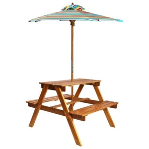 Kids Wooden Picnic Table And Bench Set With Removable Umbrella Outdoor Garden - Picture 1 of 8